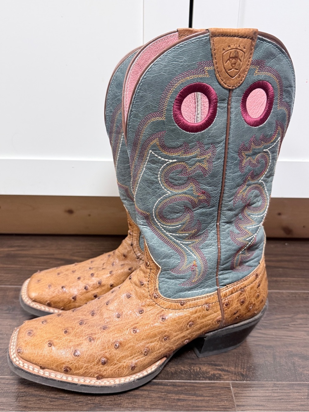 ARIAR OSTRICH BOOTS TURQUOISE TAN BROWN BOOTS PINK STITCHING